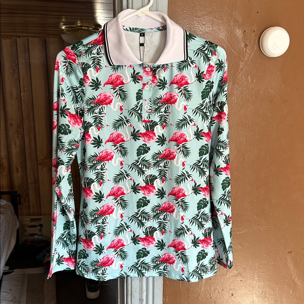 GGOV Golf Shirt for Women, pink flowmingo Print, Small, Performance Wear